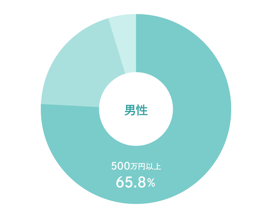 男性の年収に関する円グラフ。500万以上は全体の65.8%